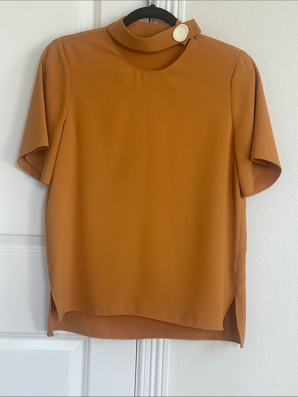 Zara Short Sleeve Mock Neck Top mustard  with Button Detail